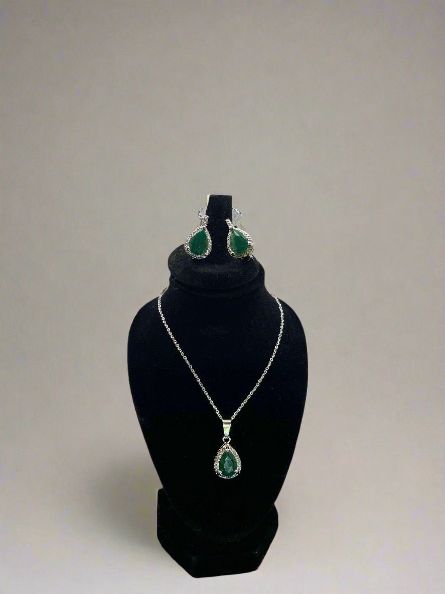 Sterling Silver Lab Emerald and Zircon Stone Necklace and Earring Set