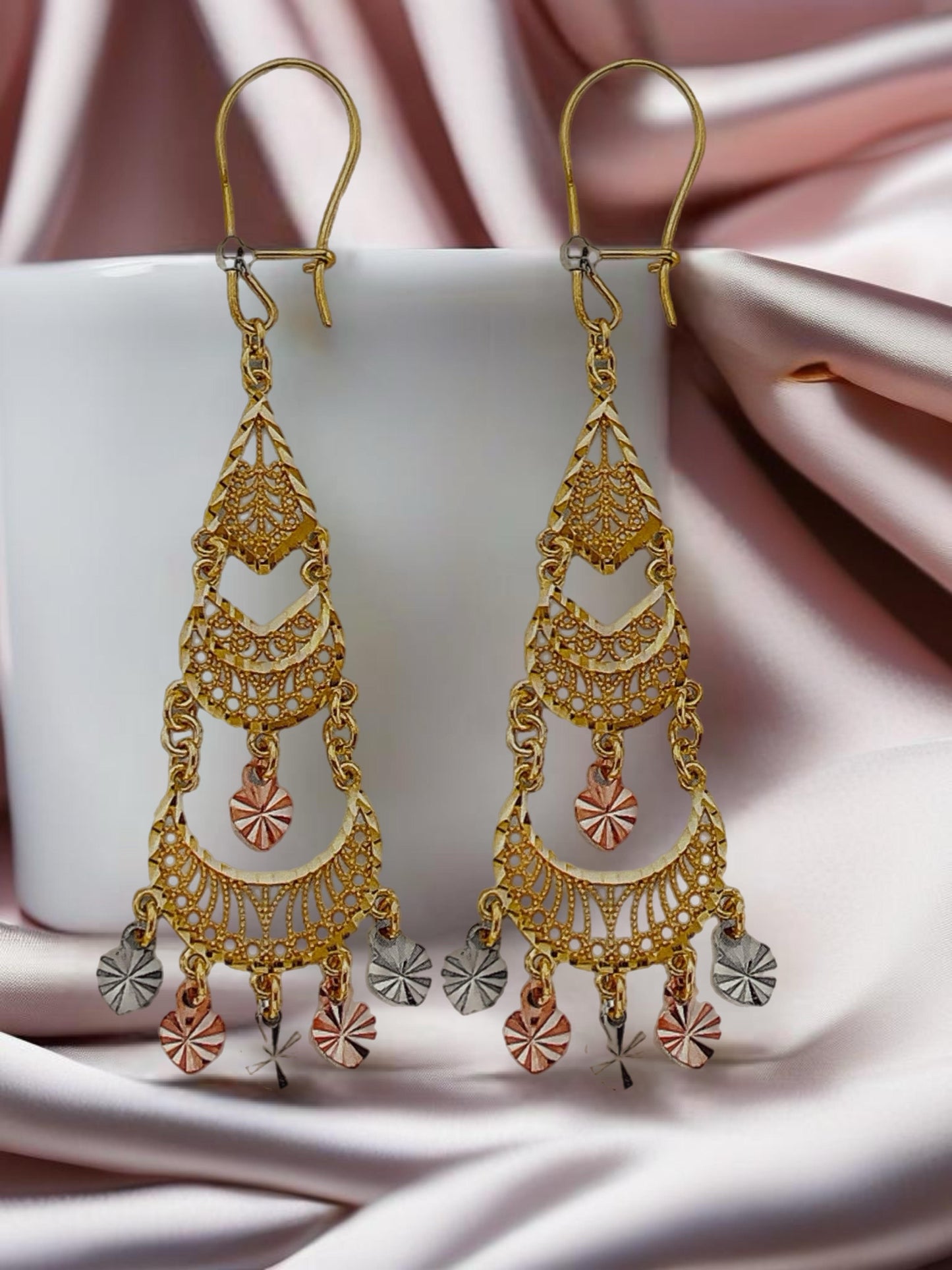 Genuine Solid 14K Gold  Three Color Gold, White, Yellow, Rose Cascade Earrings