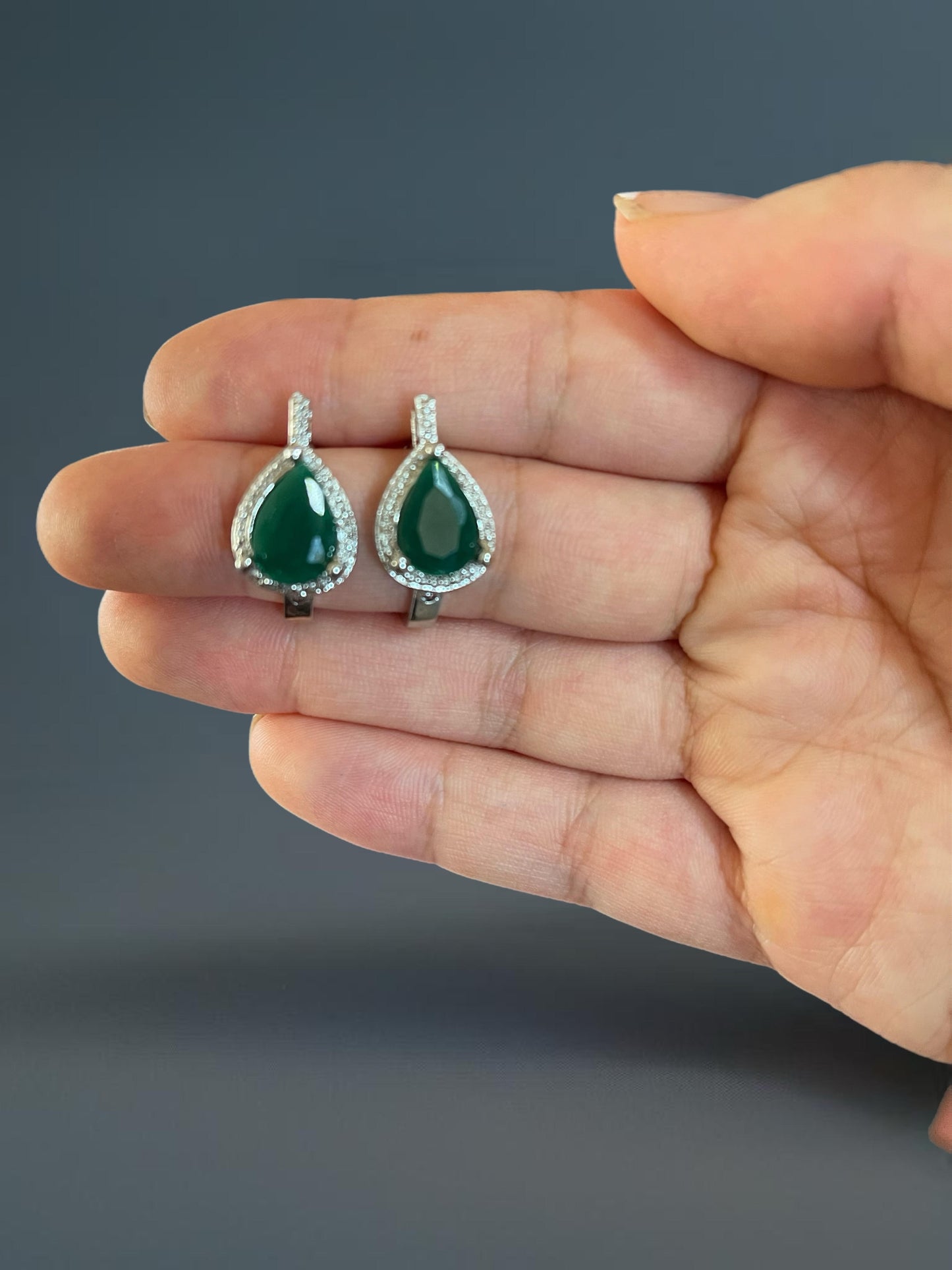 Sterling Silver Plated Earrings with Lab Emerald and Zirconia Stones
