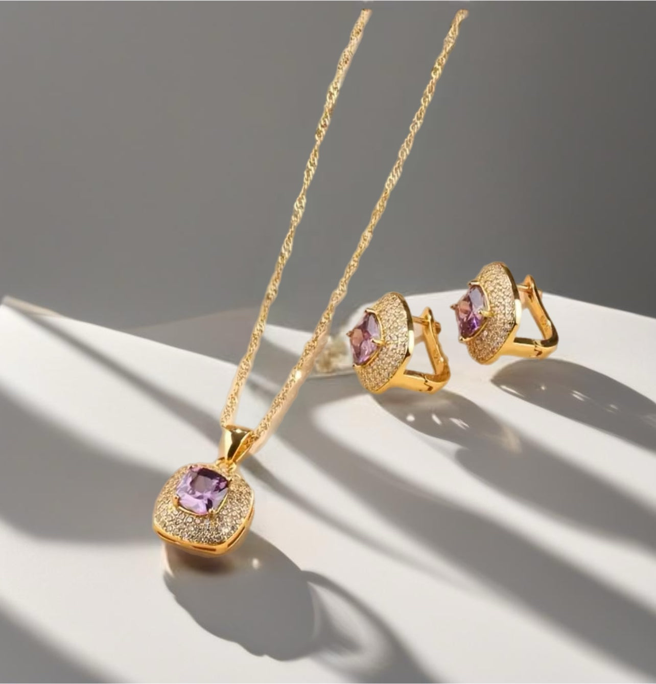 18K Gold Plated with Synthetic Amethyst Stone Necklace and Earring Set
