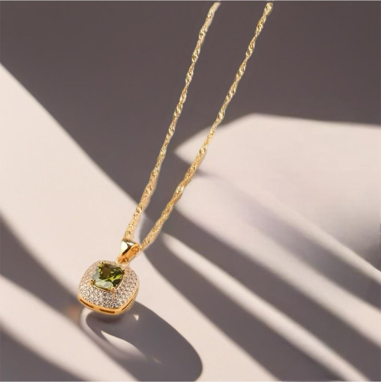 18K Gold Plated with Light Olive Green Synthetic Stone Necklace and Earring Set