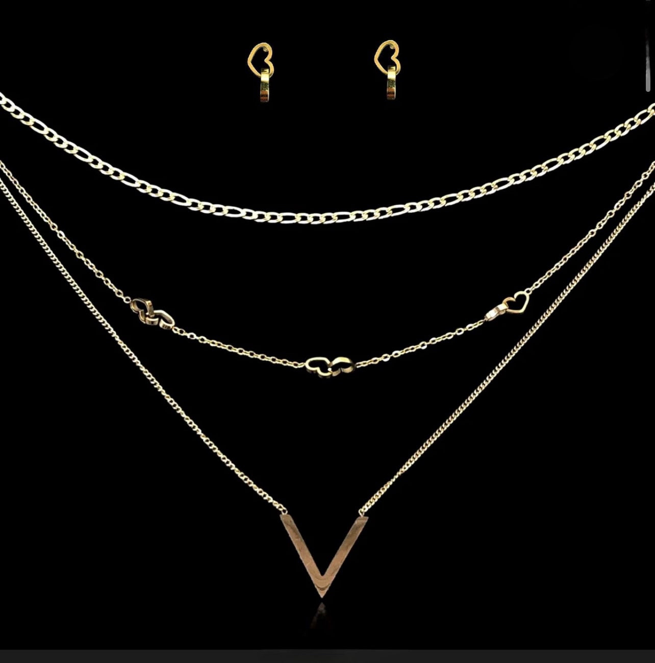 Gold Plated Stainless Steel Triple Layer "V" Necklace and Earring Set