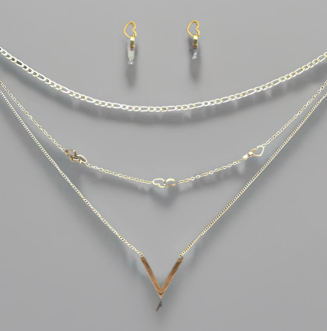 Gold Plated Stainless Steel Triple Layer "V" Necklace and Earring Set