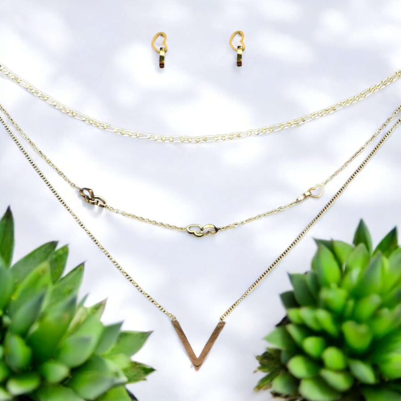 Gold Plated Stainless Steel Triple Layer "V" Necklace and Earring Set
