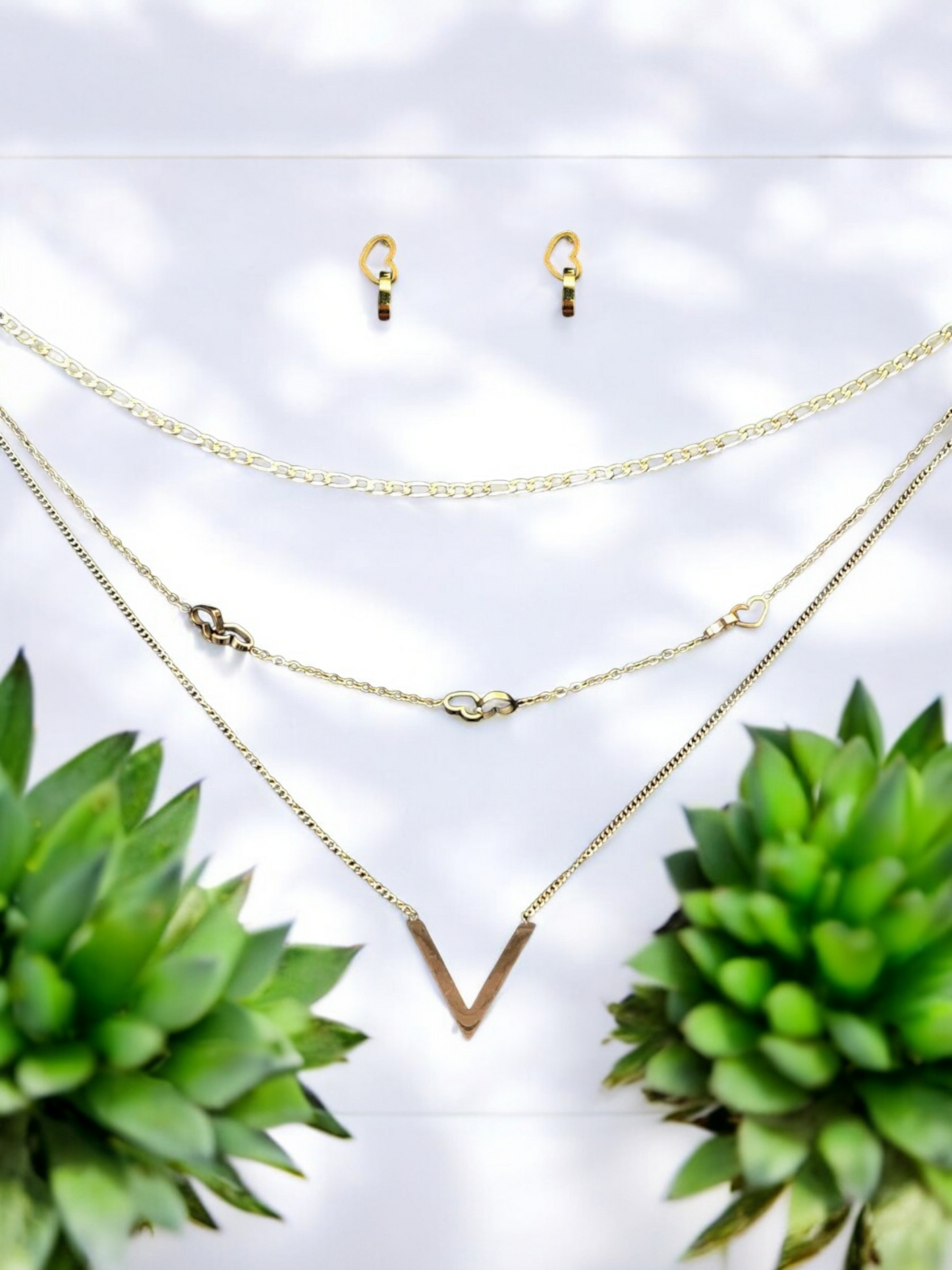Gold Plated Stainless Steel Triple Layer "V" Necklace and Earring Set