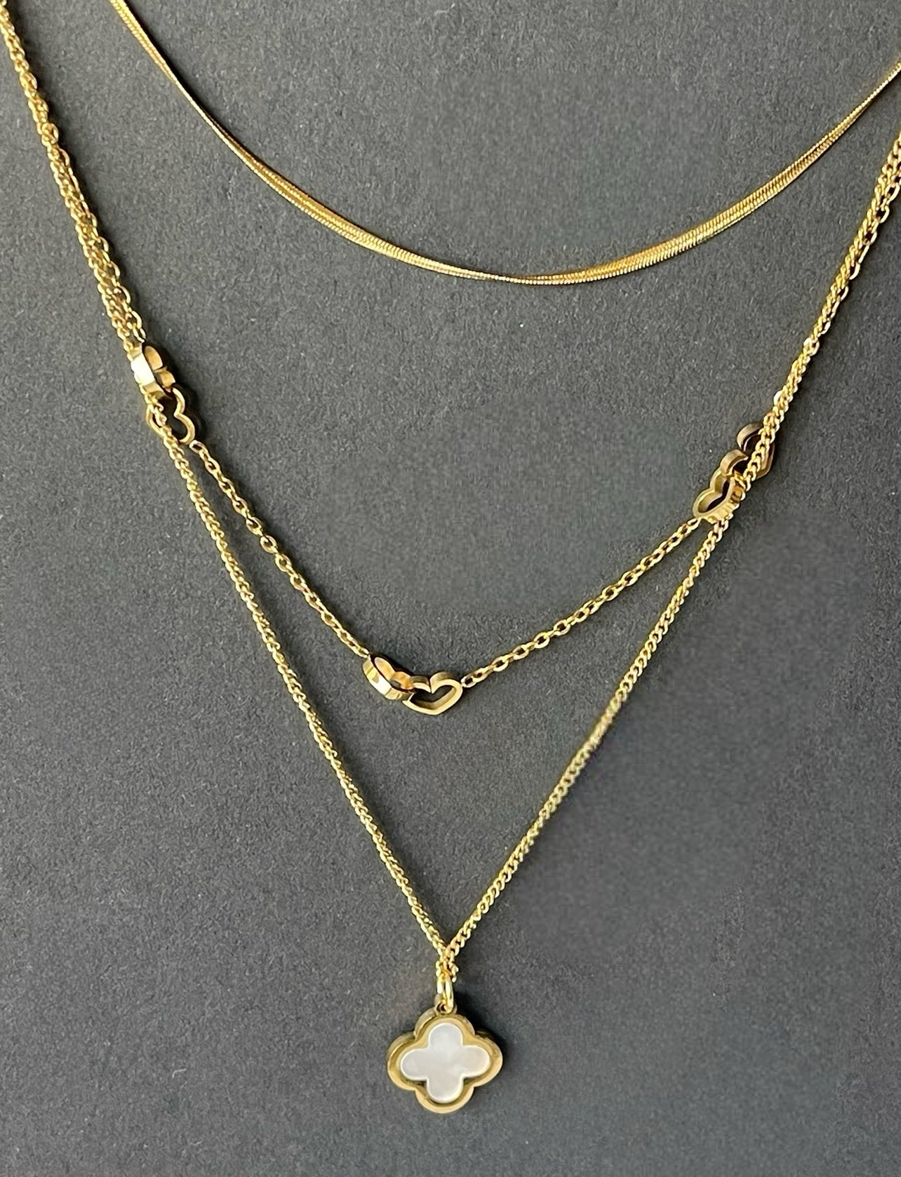 Fashion Stainless Steel Gold Plated Three Layers Chain Clover Necklace Set