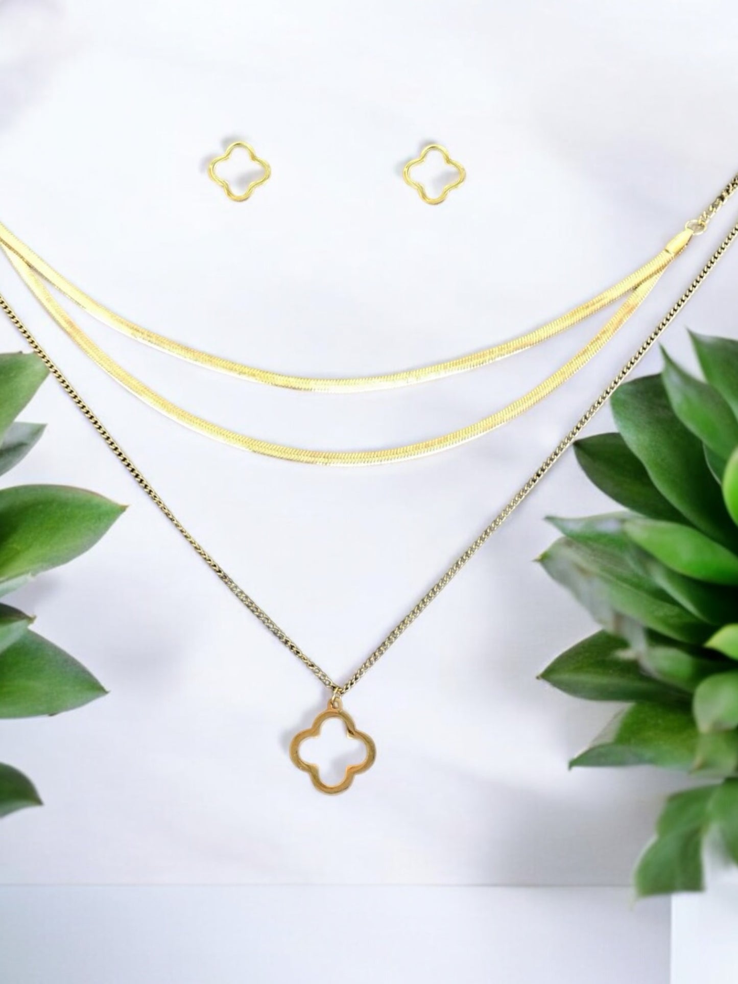 Gold Plated Stainless Steel Clover Necklace and Earring Set