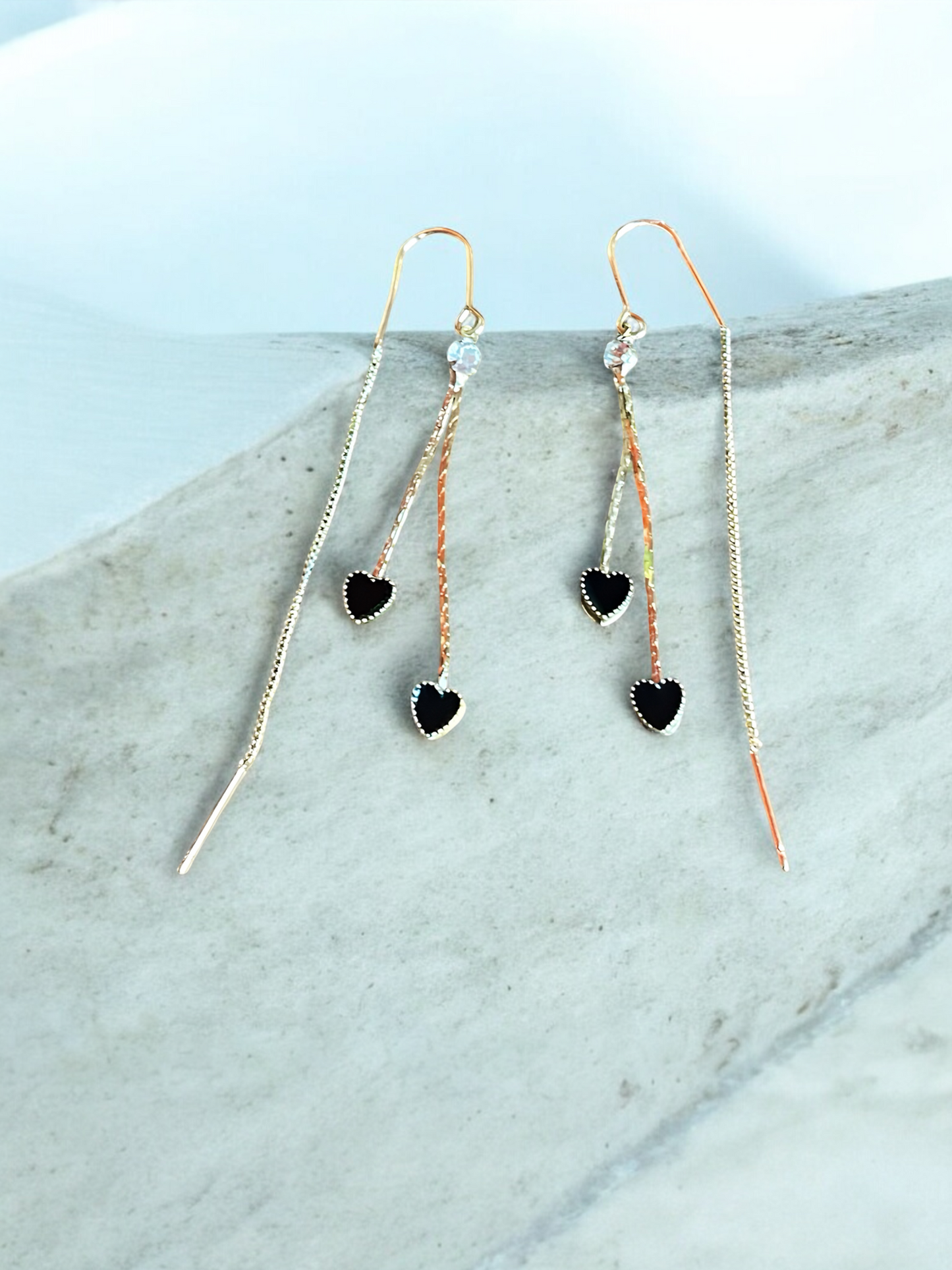 Gold Plated -Fashionable Black Hearts Earrings