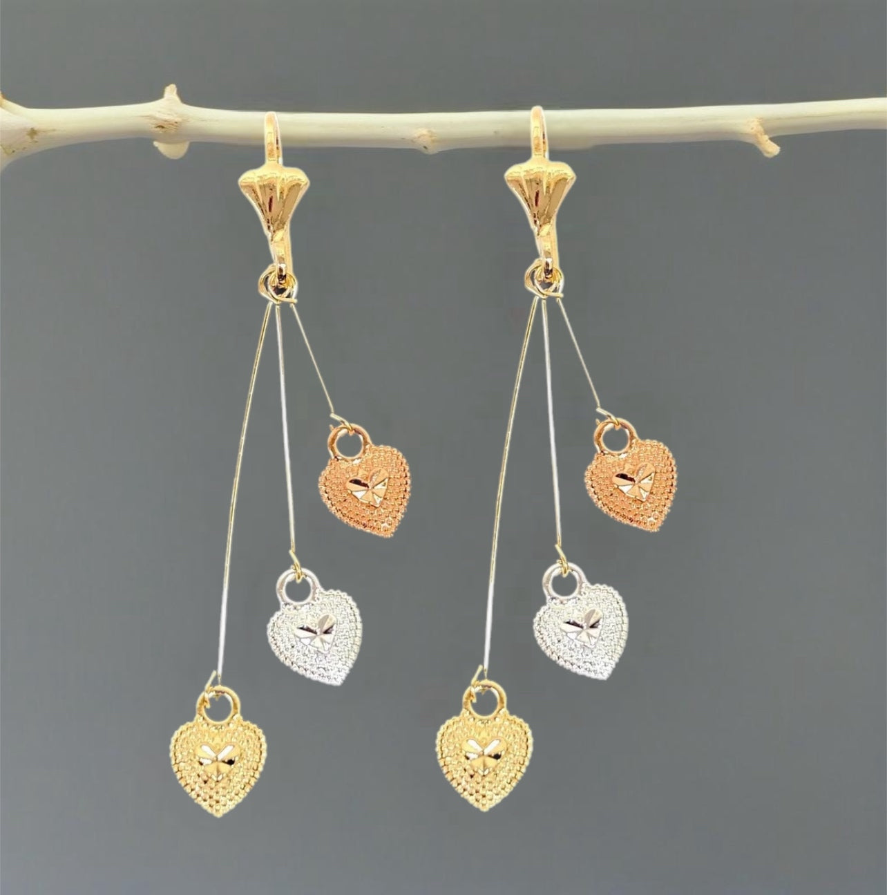 18K Gold-Filled Tricolor  Heart Dangle Earrings