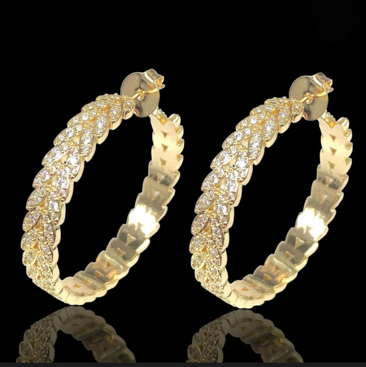 18K Gold Filled Golden Leaf CZ Hoop Earrings