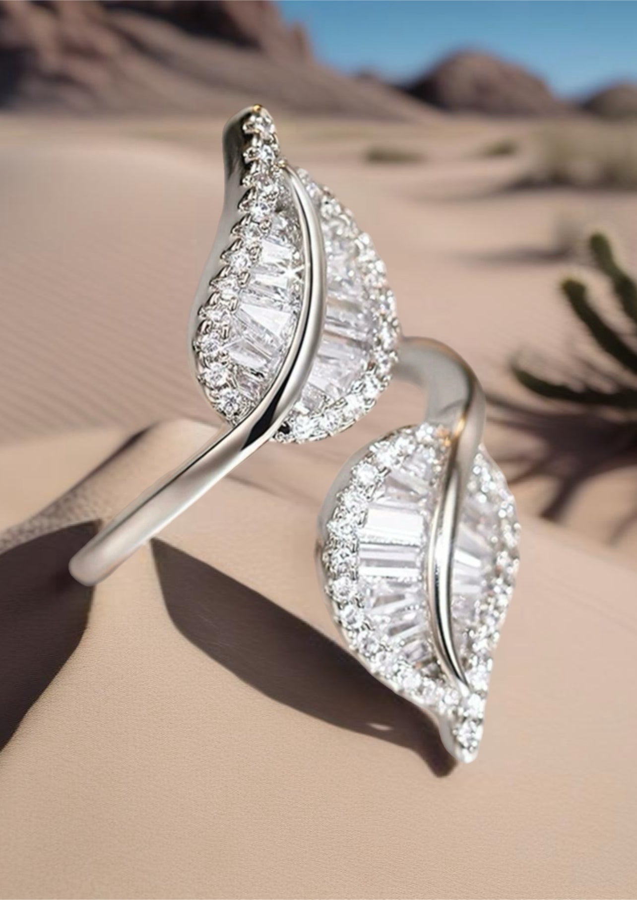 Silver Plated Cubic Zirconia Double Leaf Ring