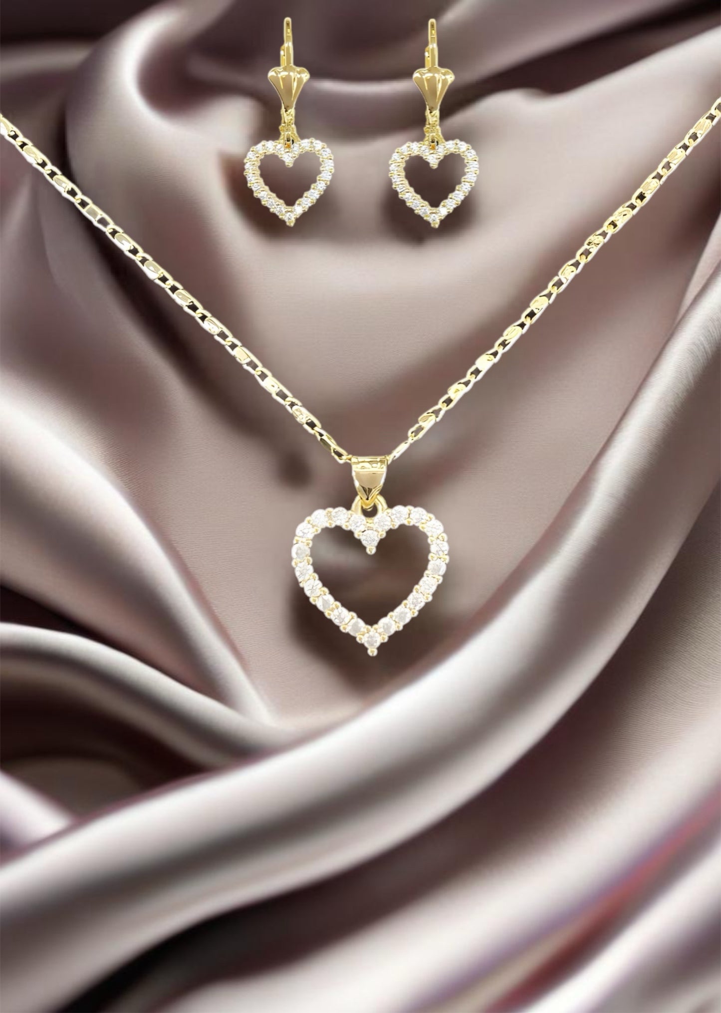 18k Gold Filled Diamond Heart Necklace and Earring Set