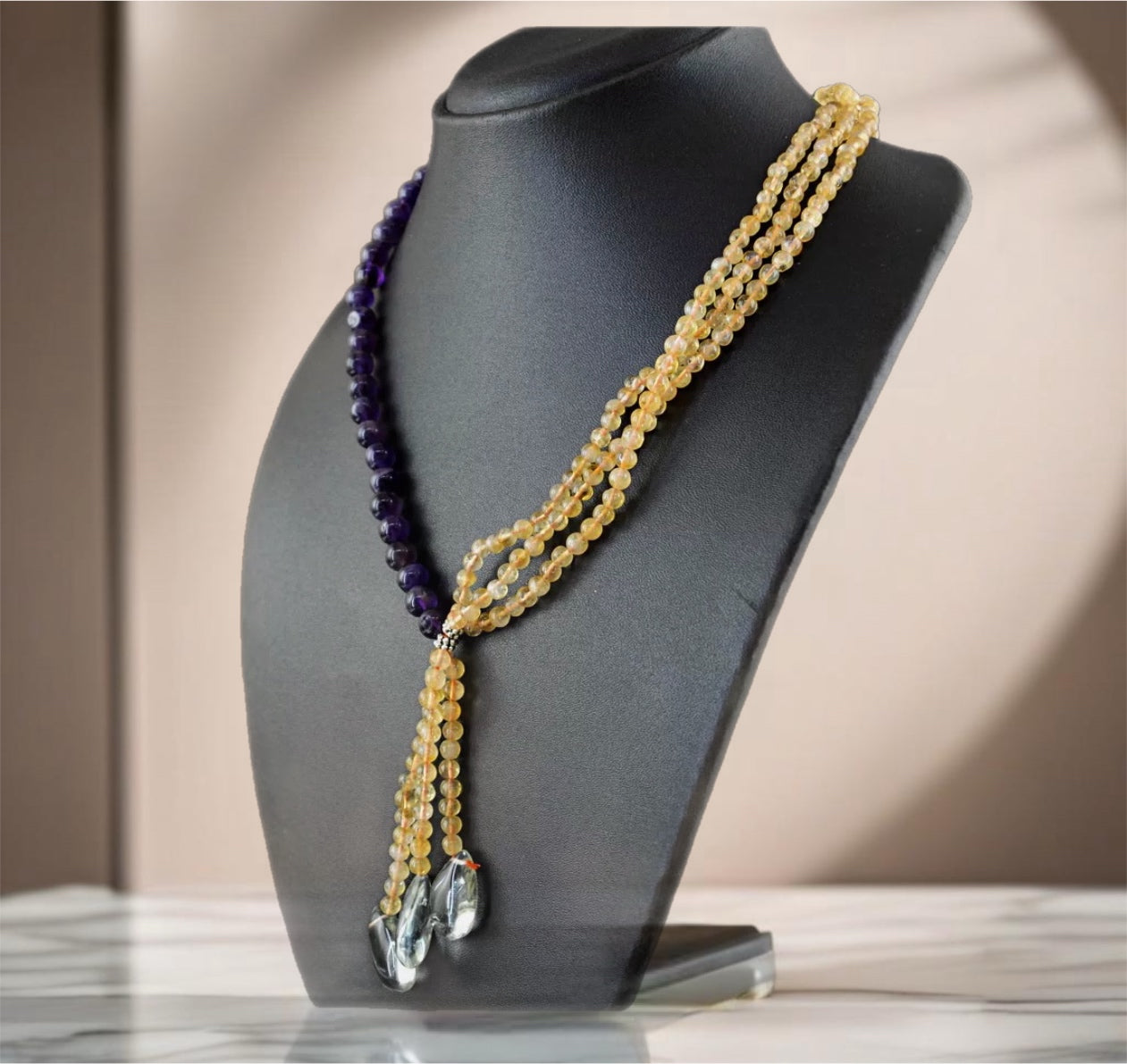 Amethyst and Light Jade Dual-Tone Beaded Necklace