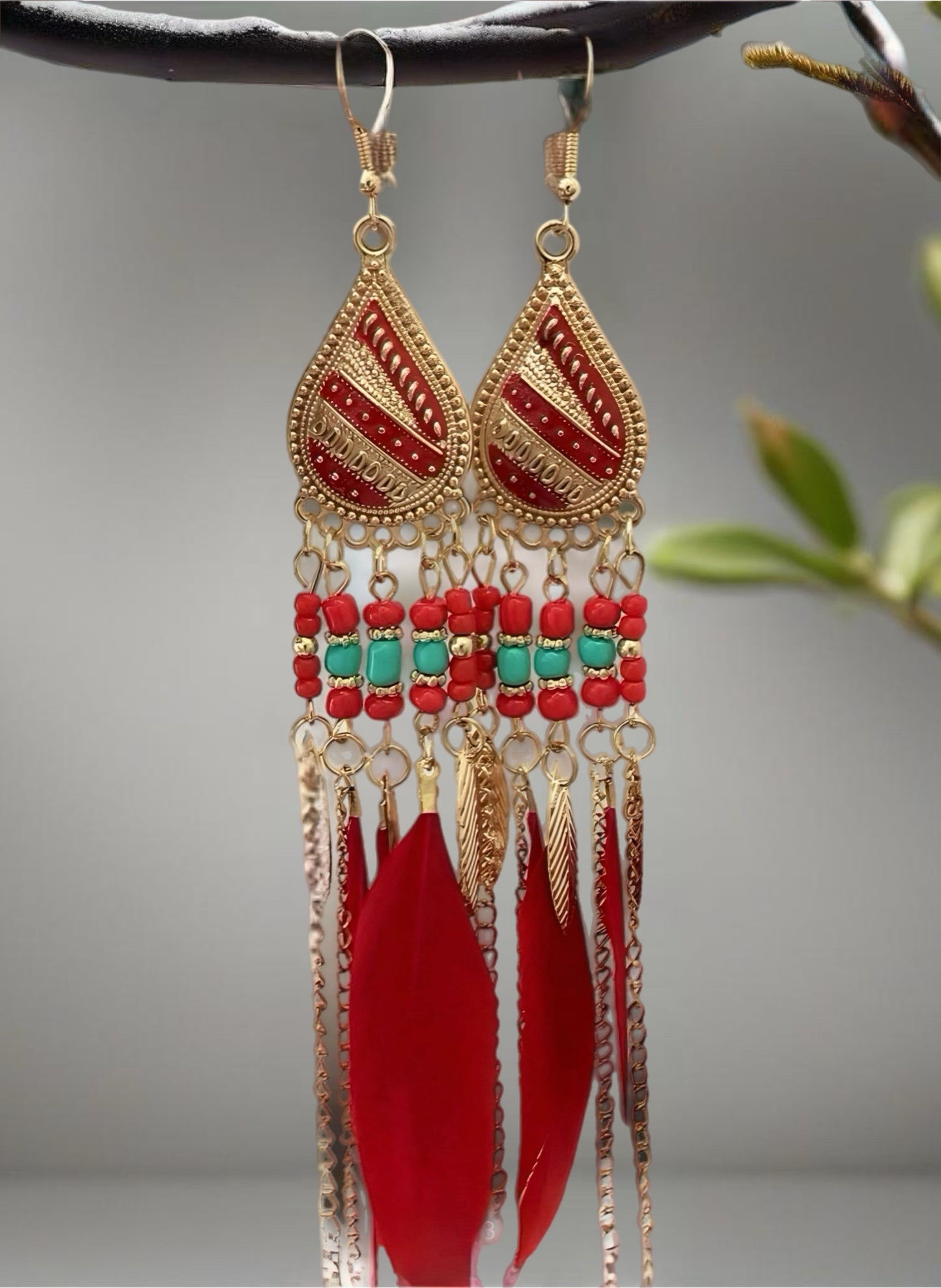Red Feather Fashion Earrings
