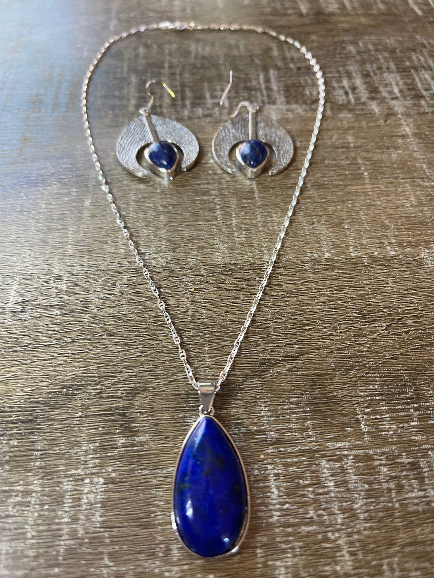Sterling Silver Chain and Lapis Lazuli Pendant and Earring Set
