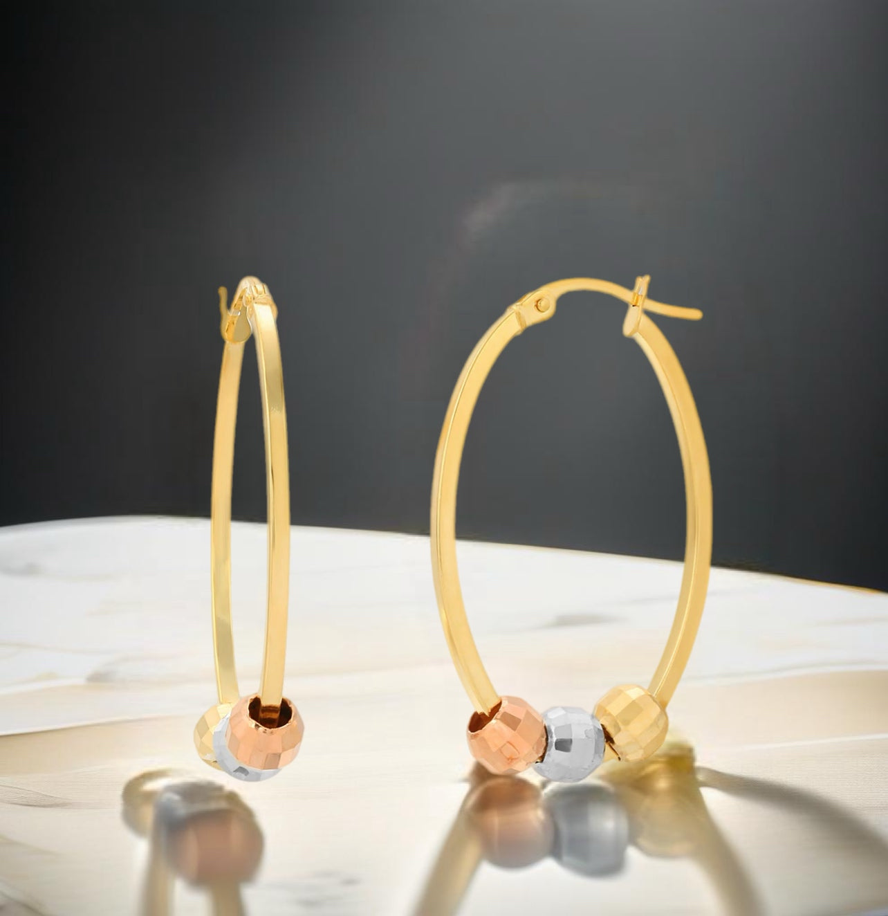 Genuine 14K Gold Multi-Color Bead Hoop Earrings