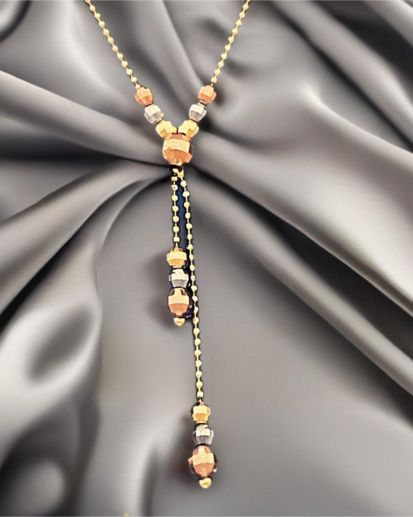 Genuine Solid 14K Gold Tri-Color Bead Necklace