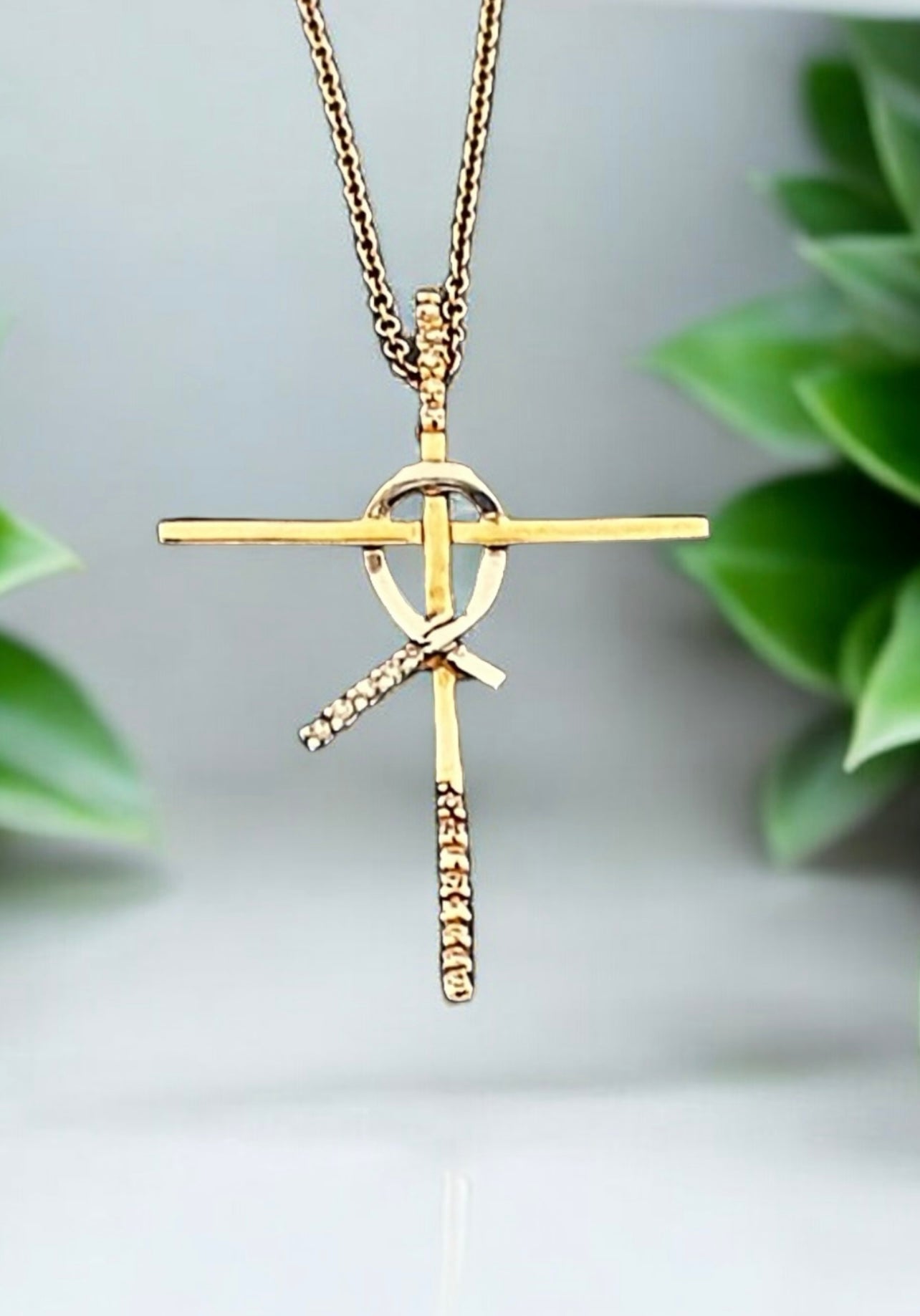 Genuine Solid 14K Gold Cross Pendant with Diamond Accent Necklace