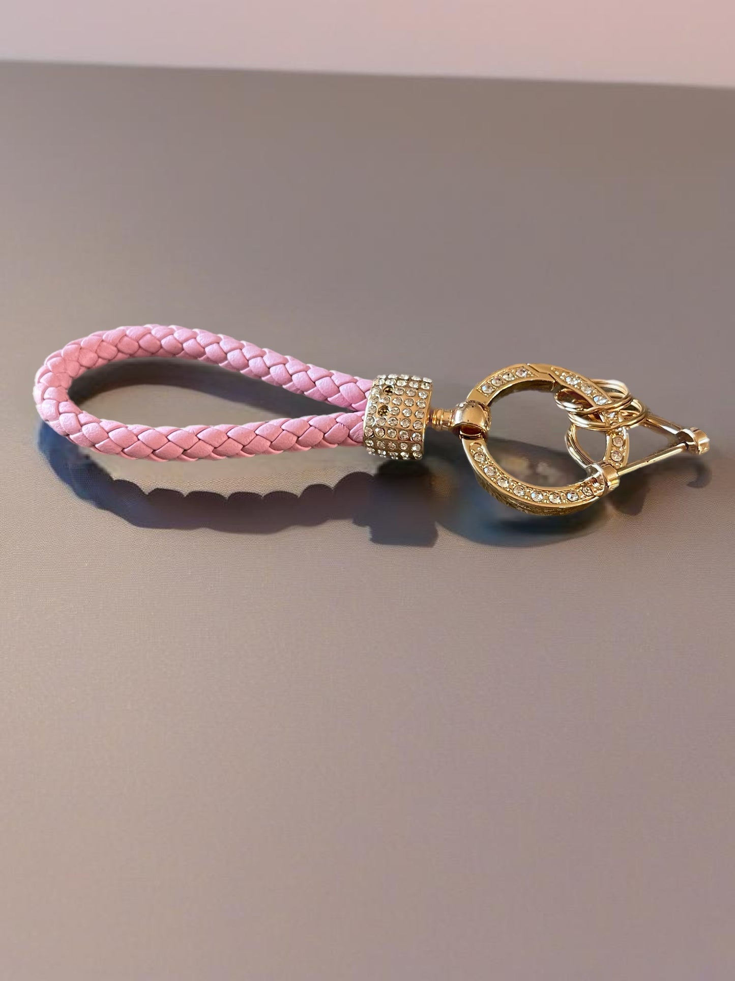 Braided Pink Leather Keychain