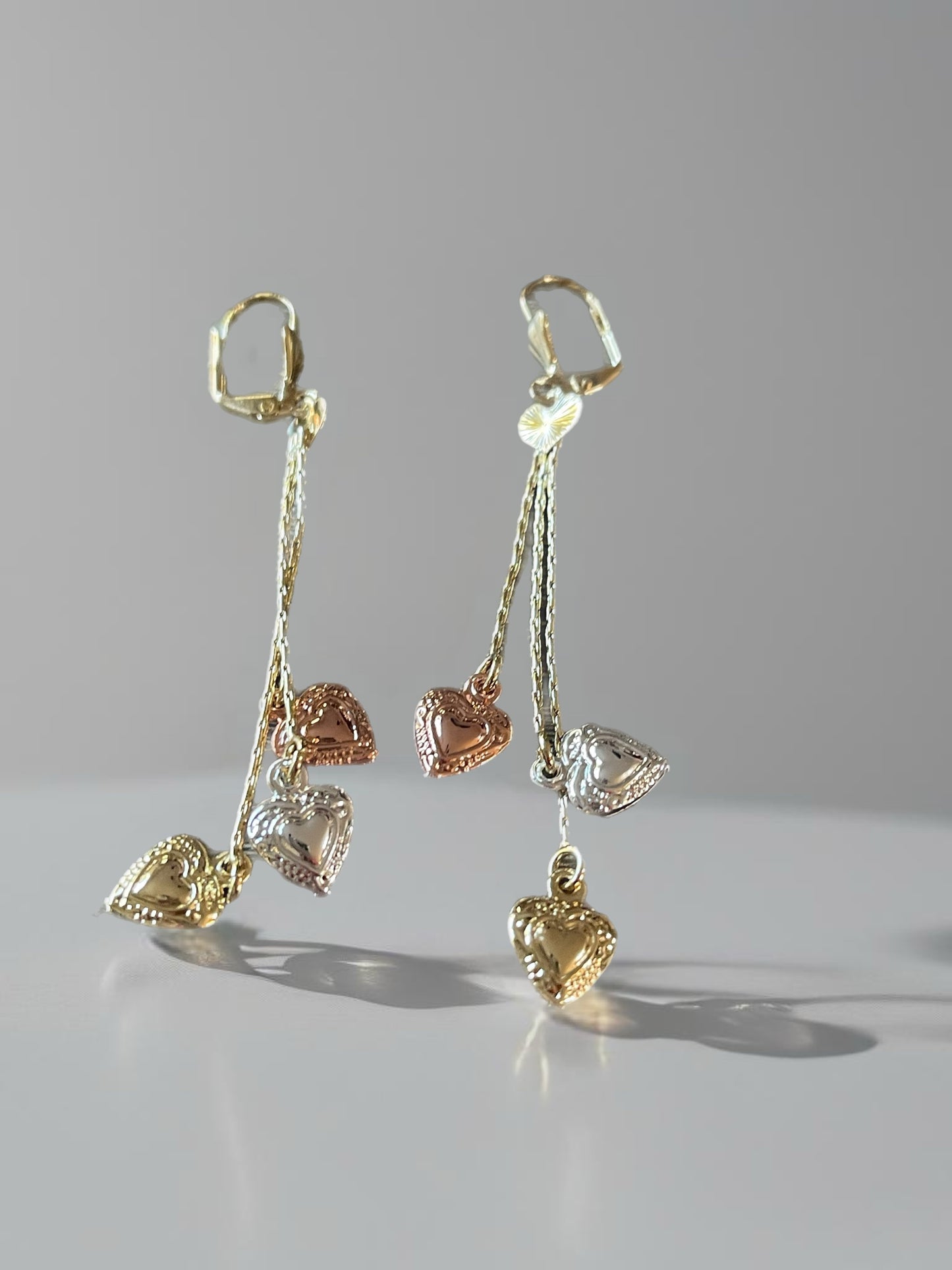 18K Gold Filled Triple Color Heart Dangle Earrings