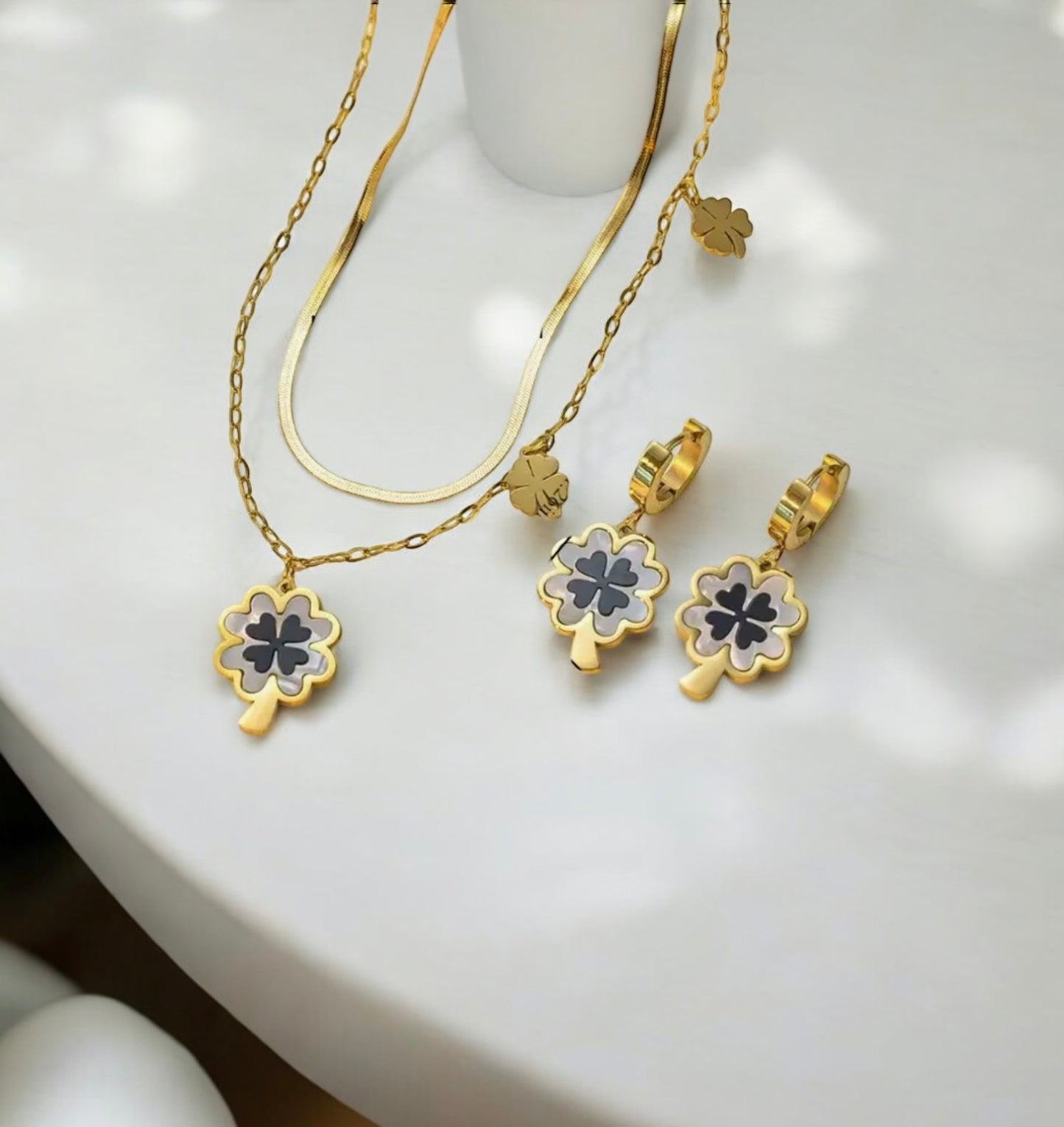 18K Gold Plated Navy Flower Necklace and Earring Set