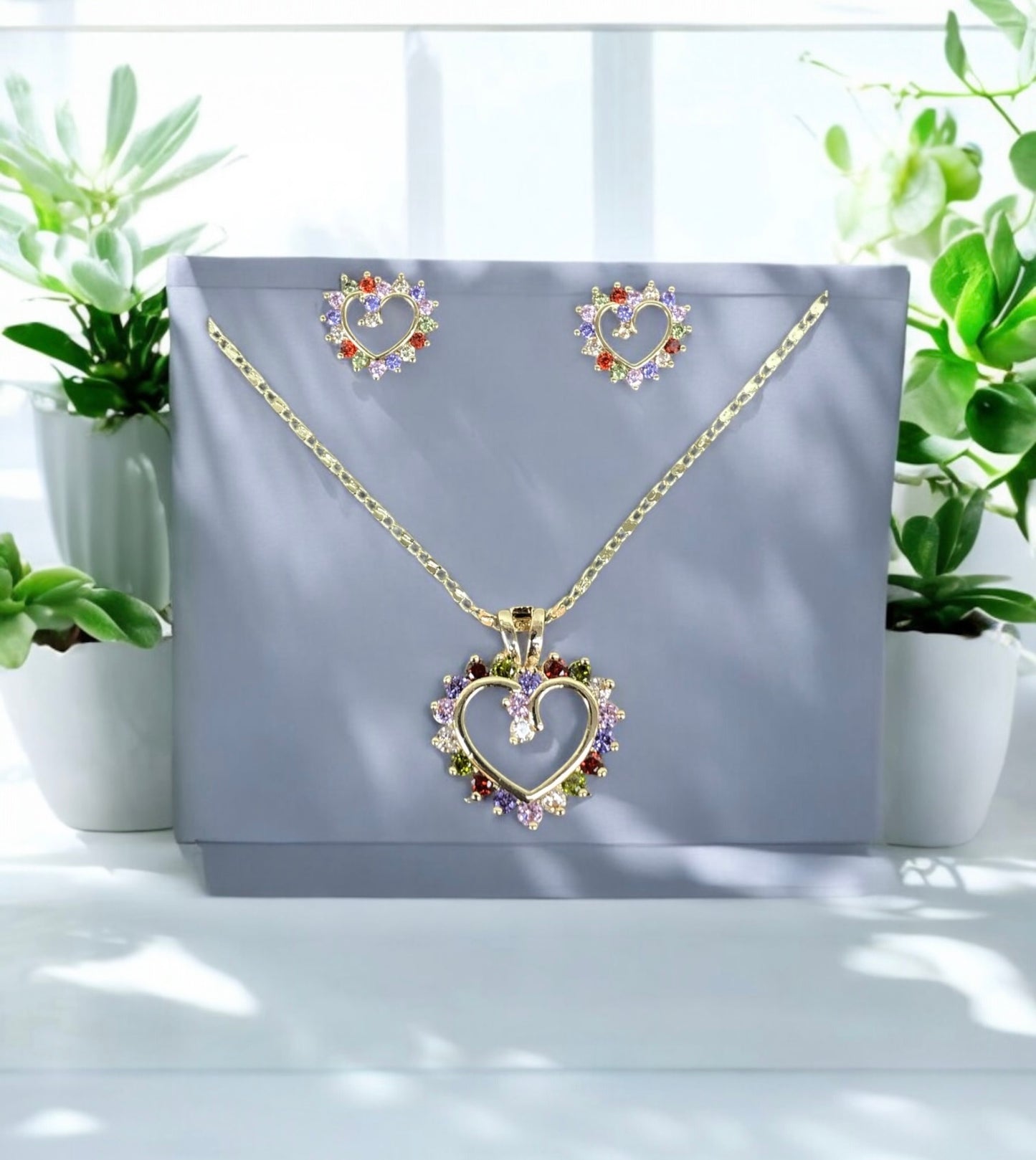18k Gold Filled with Multi Color Heart Necklace and Earring Set