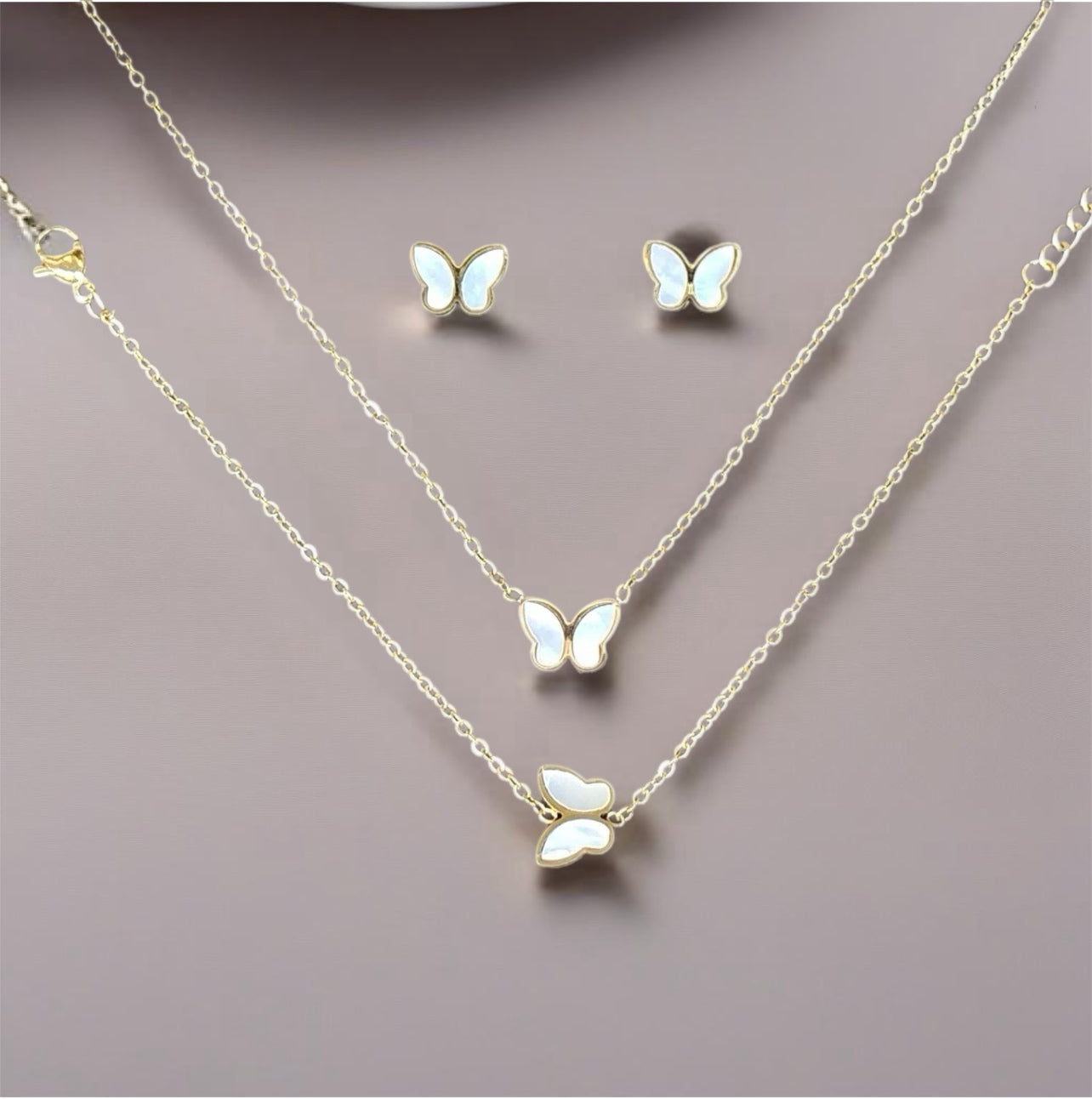 18K White Enamel Stainless Steel Butterfly Necklace, Bracelet and Earring Set
