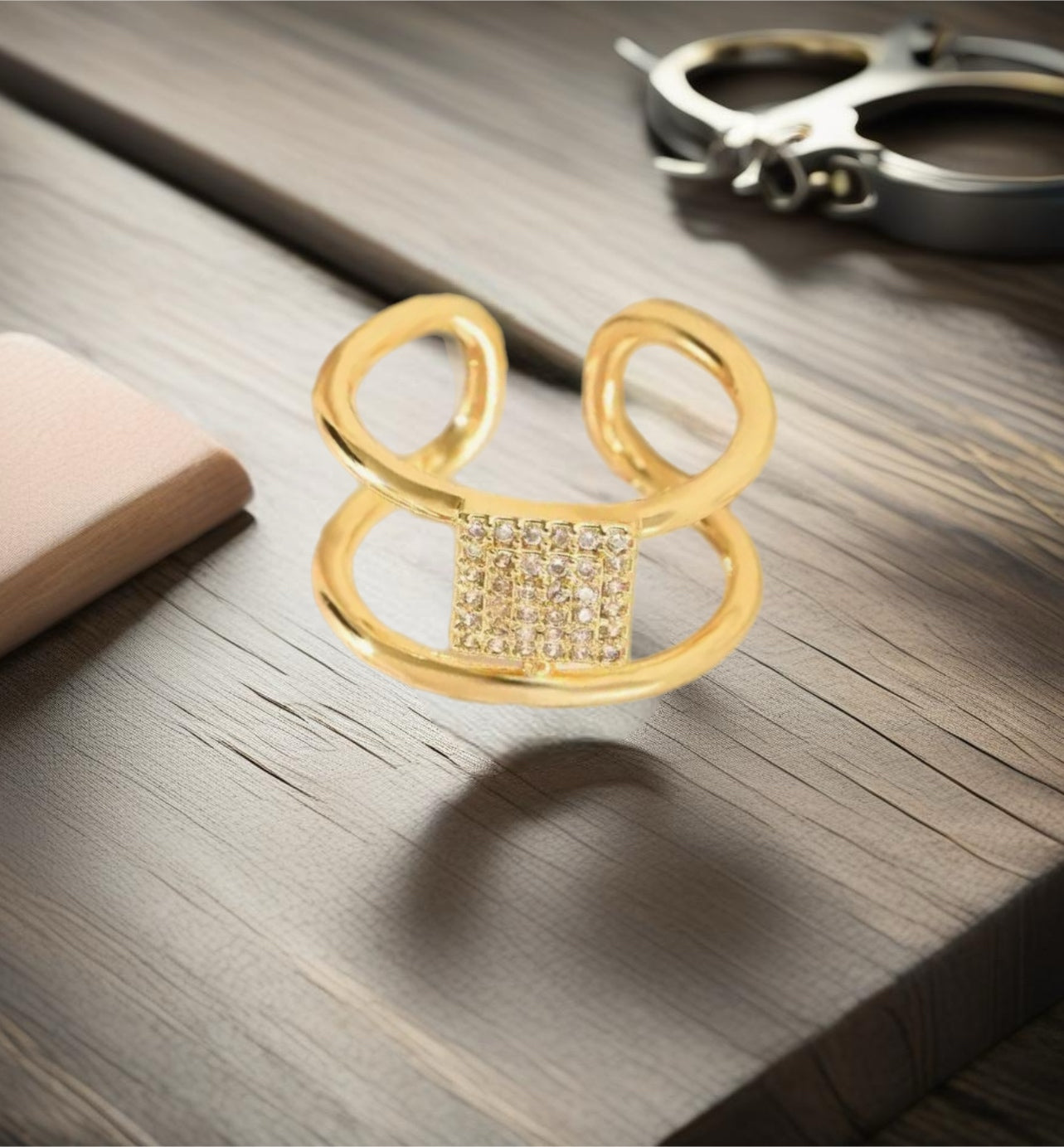 Fashionable Golden Cubic Zirconia Square And Round Geometric Ring