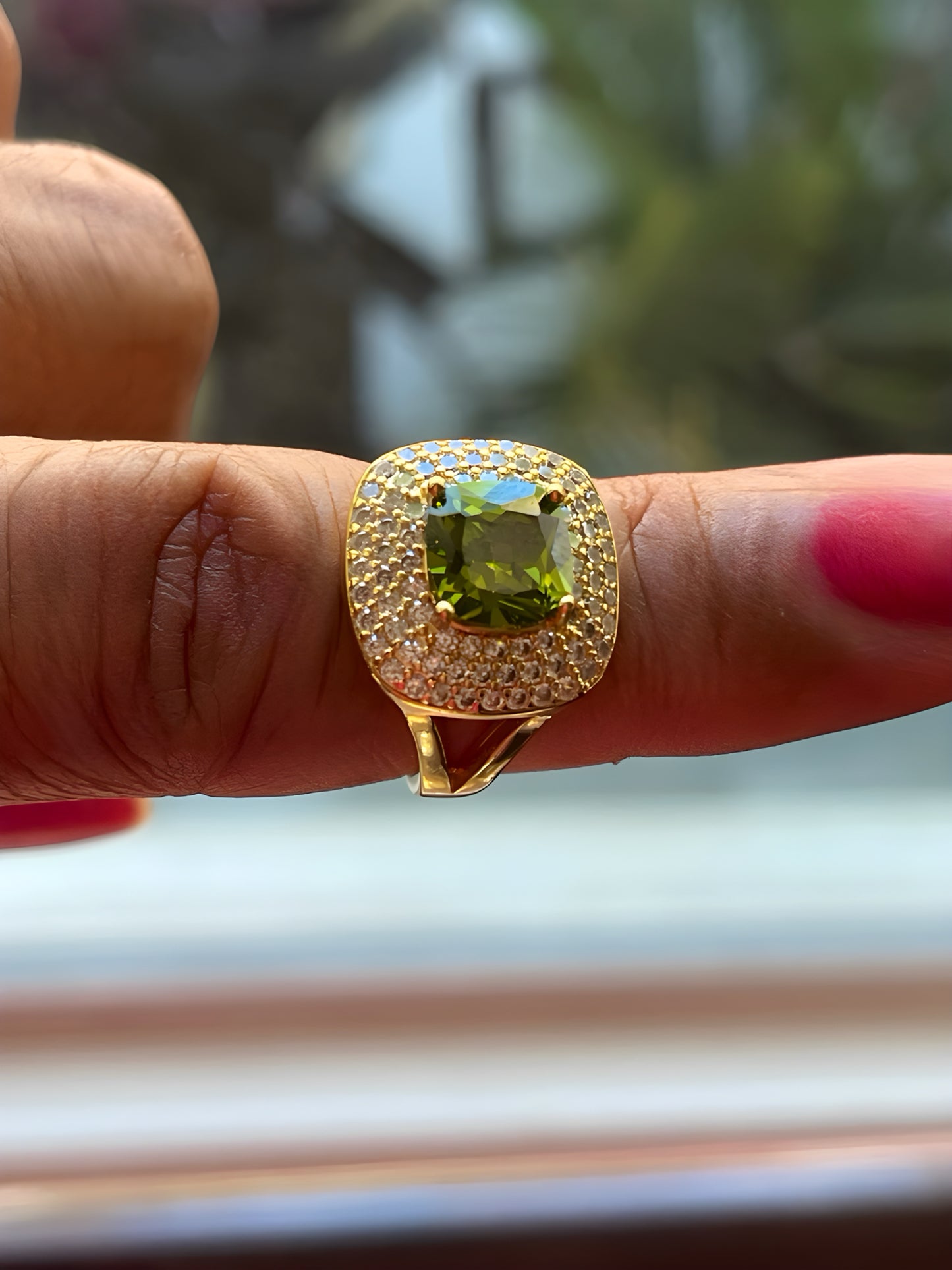 Fashionable Cubic Zirconia and a Synthetic Light Olive Green Stone Ring