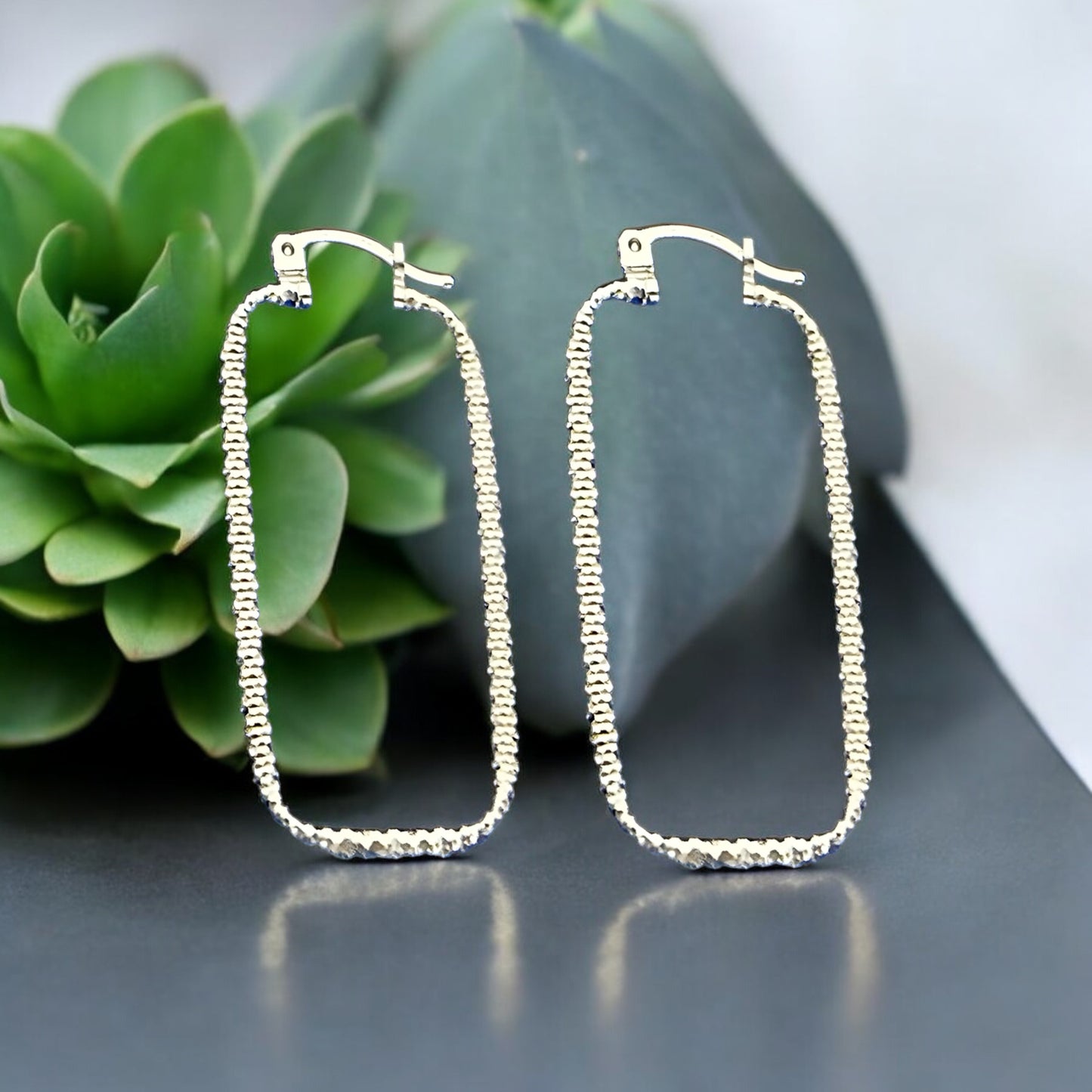 Genuine Solid 14K White Gold Rectangular Earrings