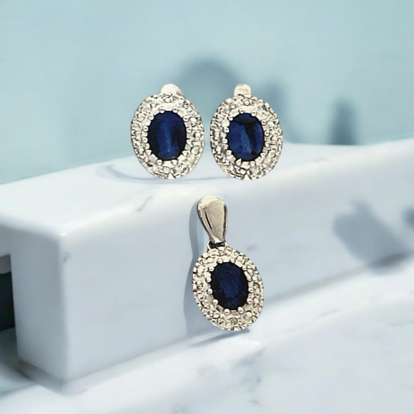 Genuine Solid 14K White Gold, with Sapphire and Diamonds Set