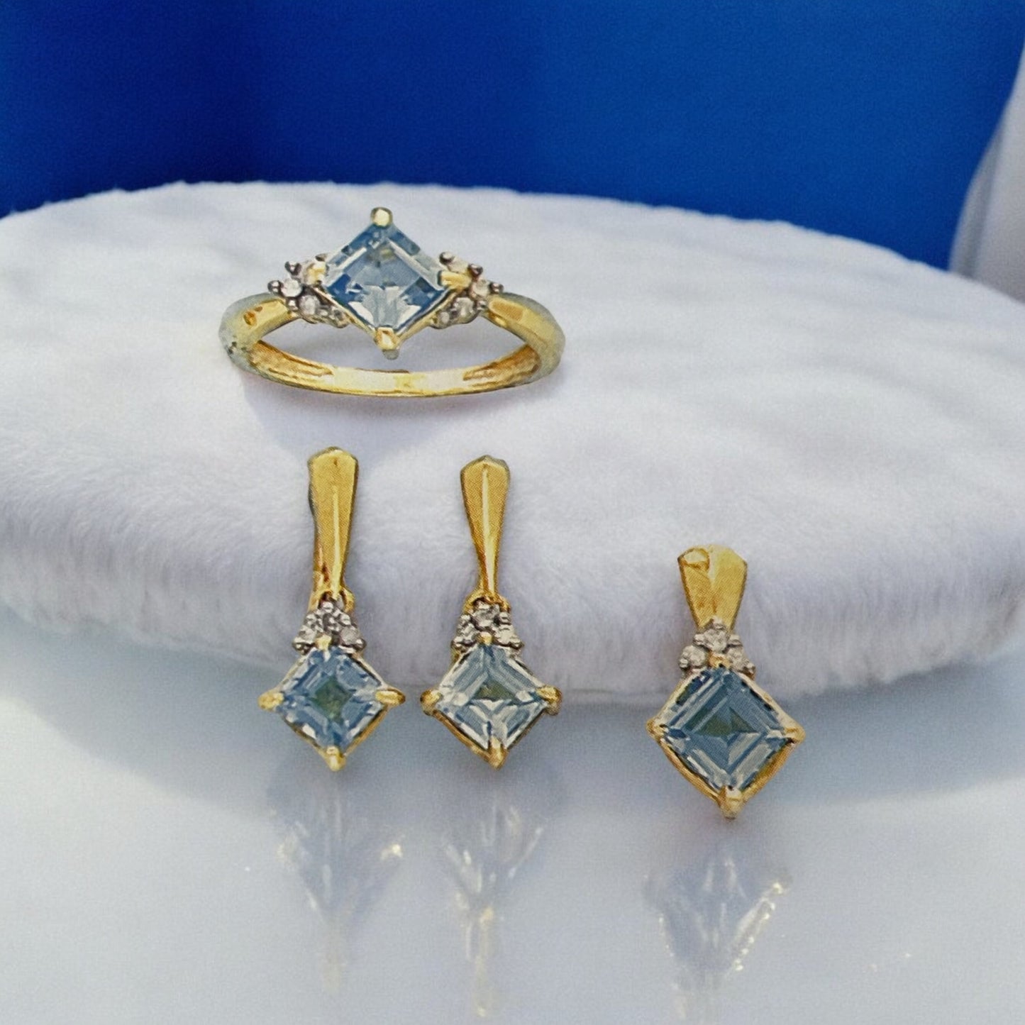Solid 14K Gold Aquamarine Earring, Pendant, and Ring Set