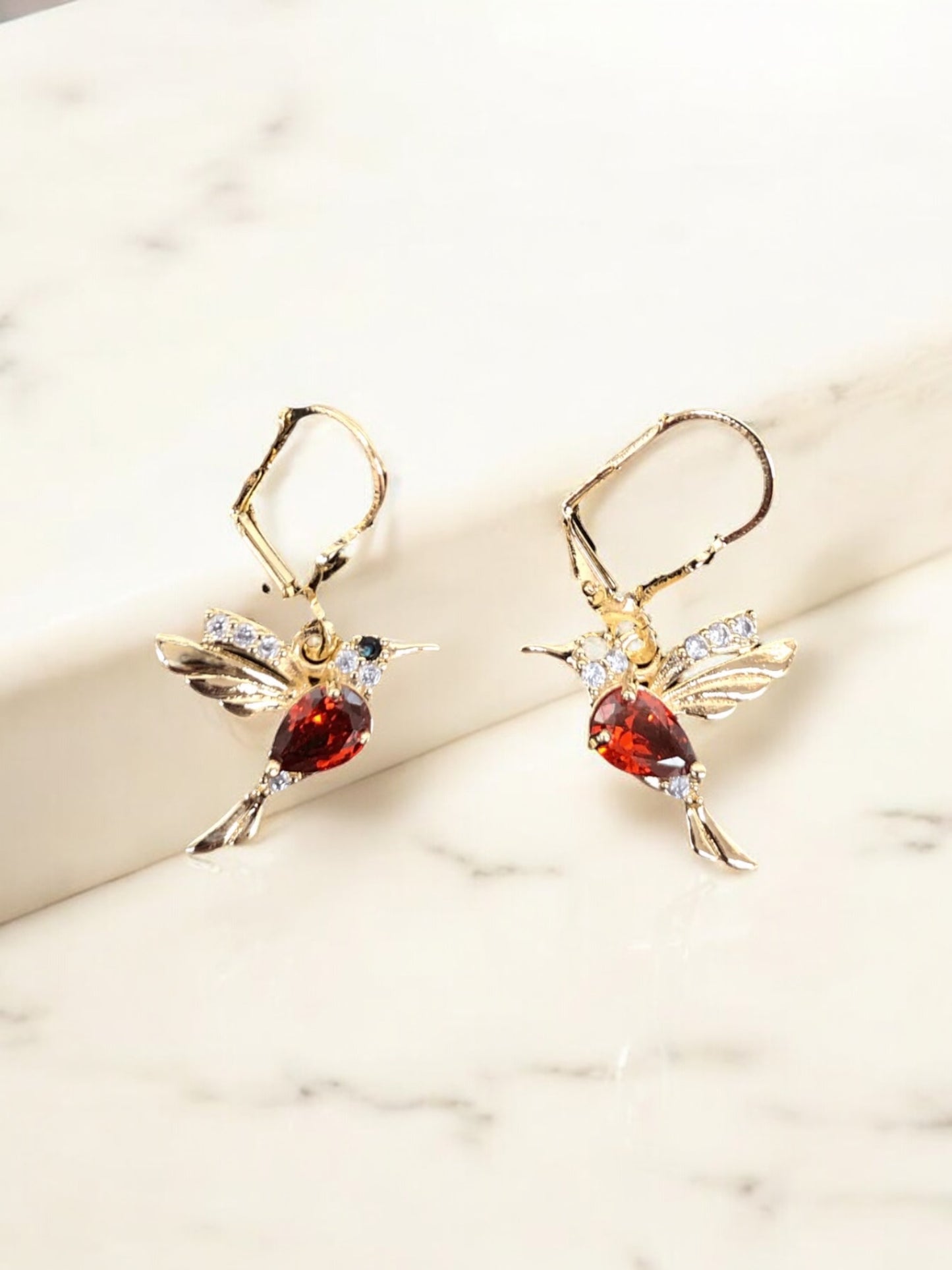 18K Gold Filled Hummingbird Red Stone Earring