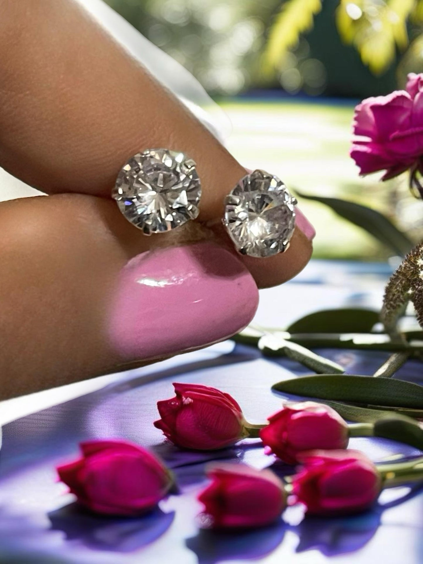 Sterling Silver Stud Earrings with Lab Zircon Stones