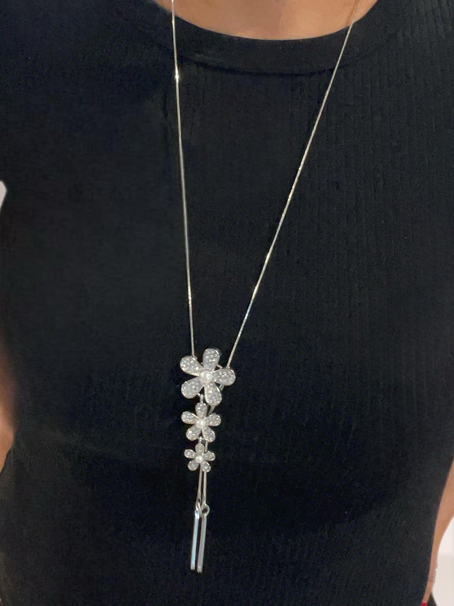 Fashion Silver Cubic Zirconia Flower Long Necklace