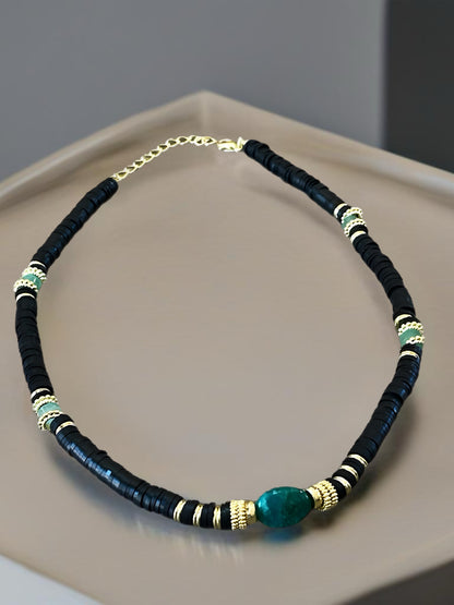 Jade Stone Black Wood Bead Necklace