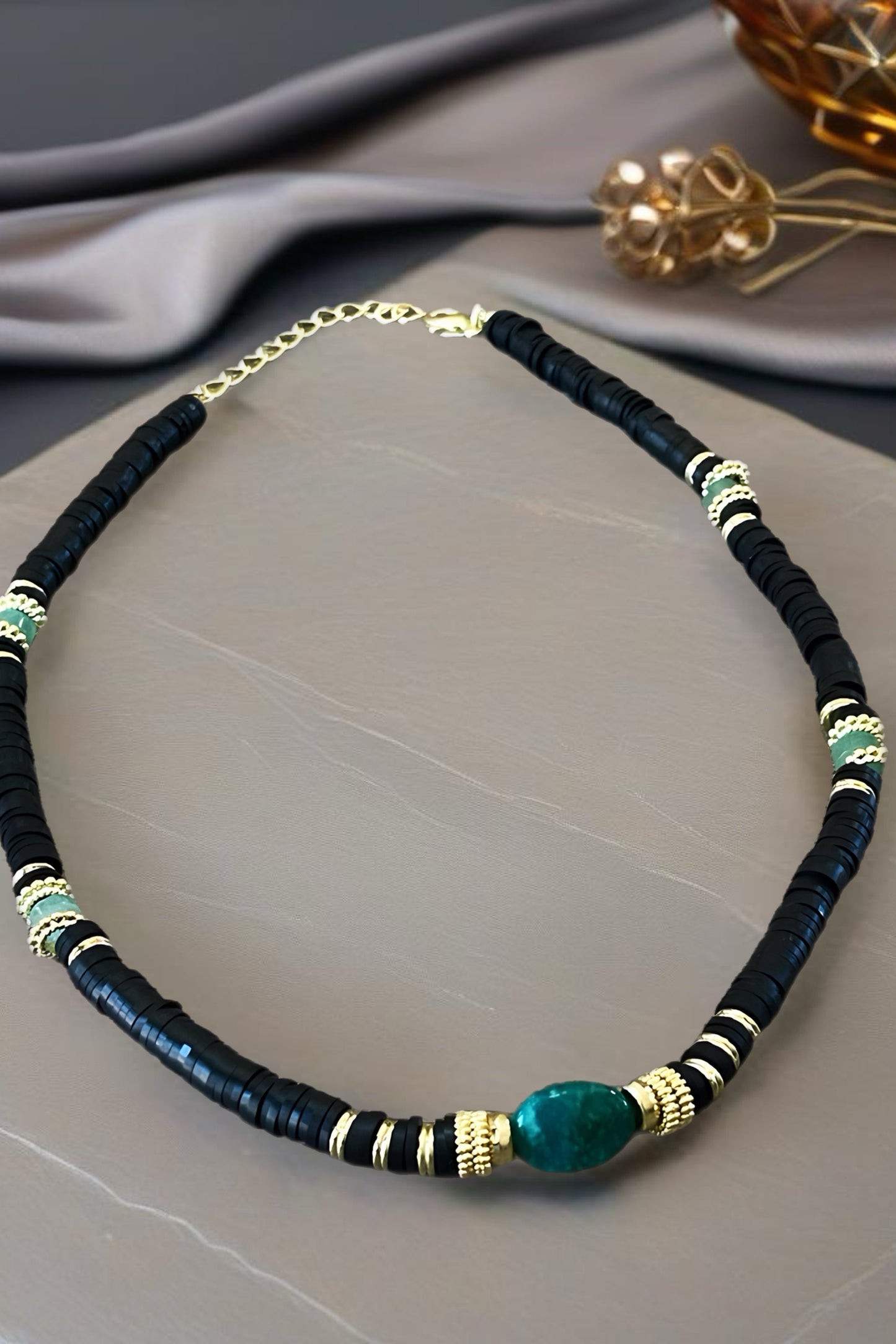 Jade Stone Black Wood Bead Necklace