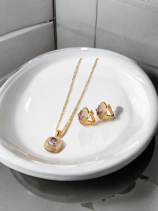 18K Gold Plated with Synthetic Amethyst Stone Necklace and Earring Set