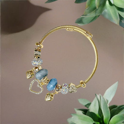 Fashionable Titanium, Gold Color Heart and Beads Bracelet