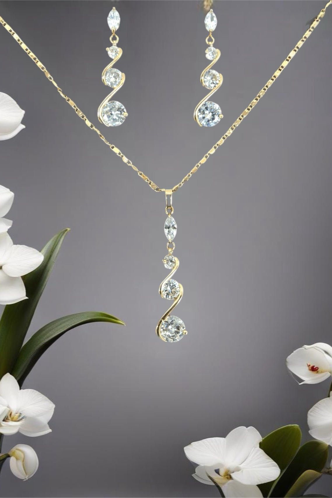 18k Gold Filled Cubic Zirconia Spiral Necklace and Earring Set