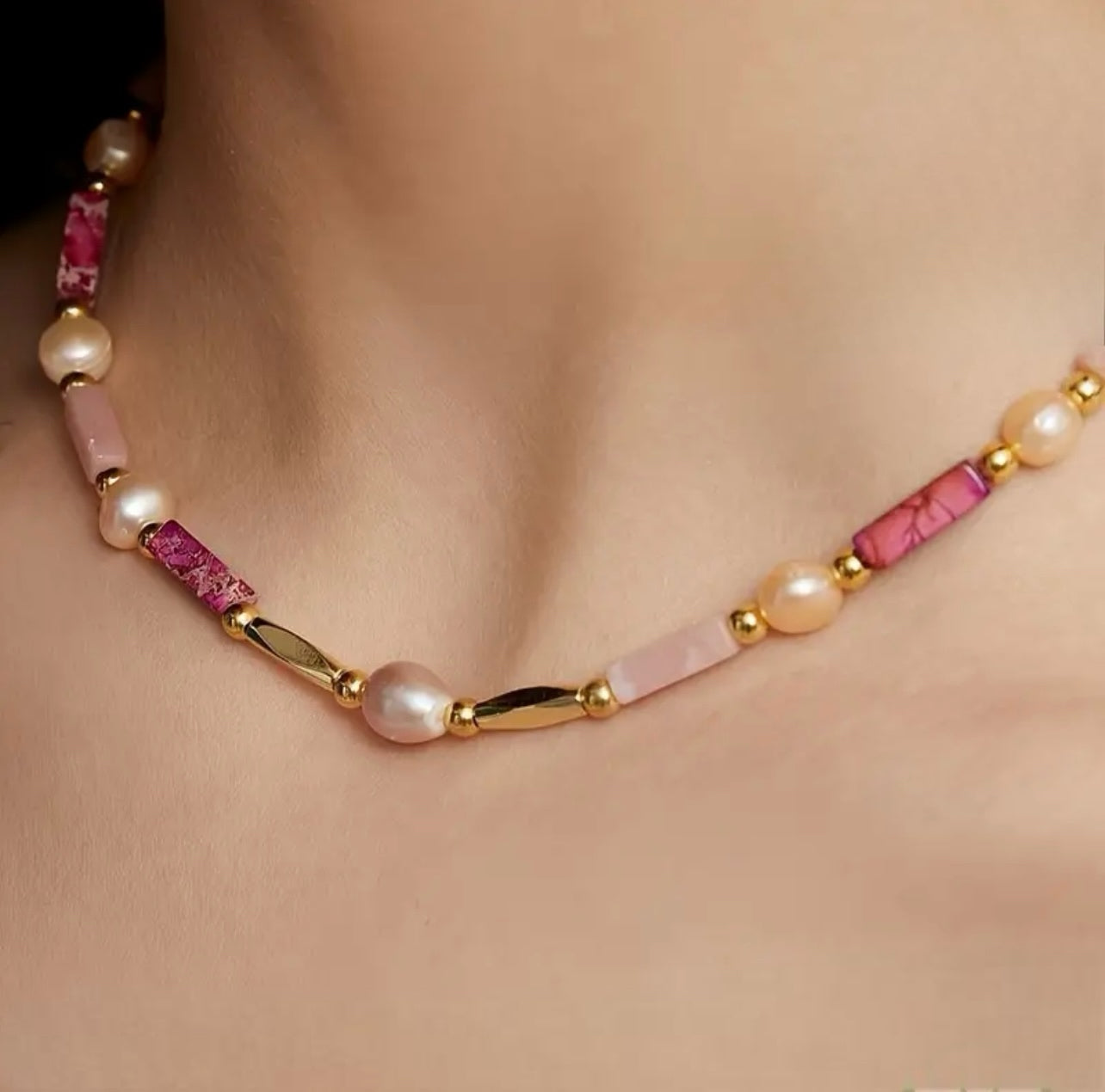 Pink Jade Stone and Pearl Necklace