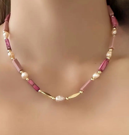 Pink Jade Stone and Pearl Necklace