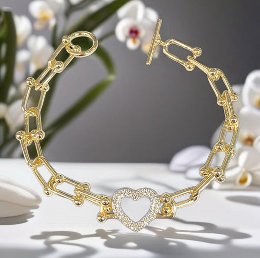 18K Gold Filled Chain  Heart  Zirconia Bracelet