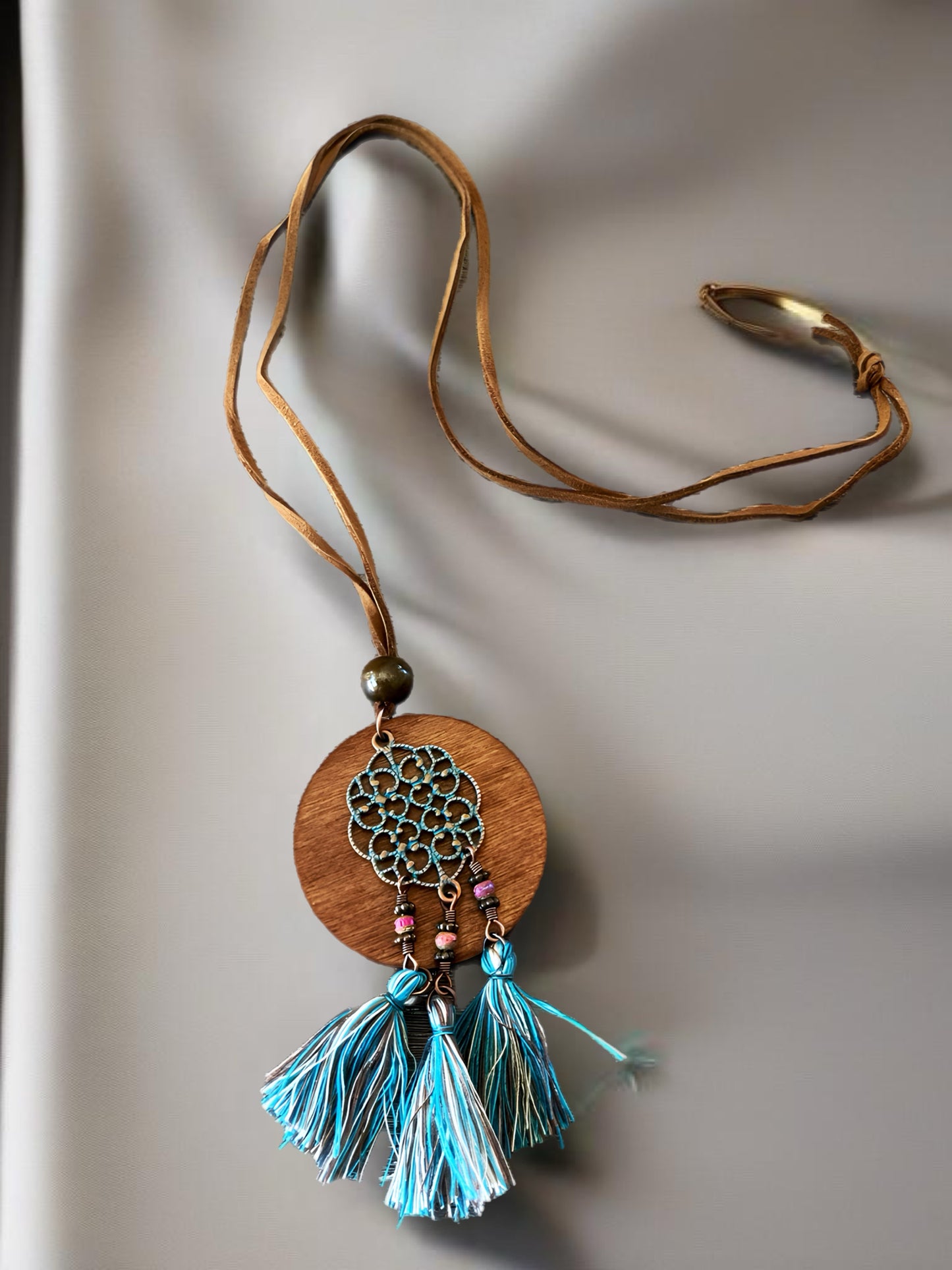 Allure Collection: Brown Wood and Blue Tassel Necklace