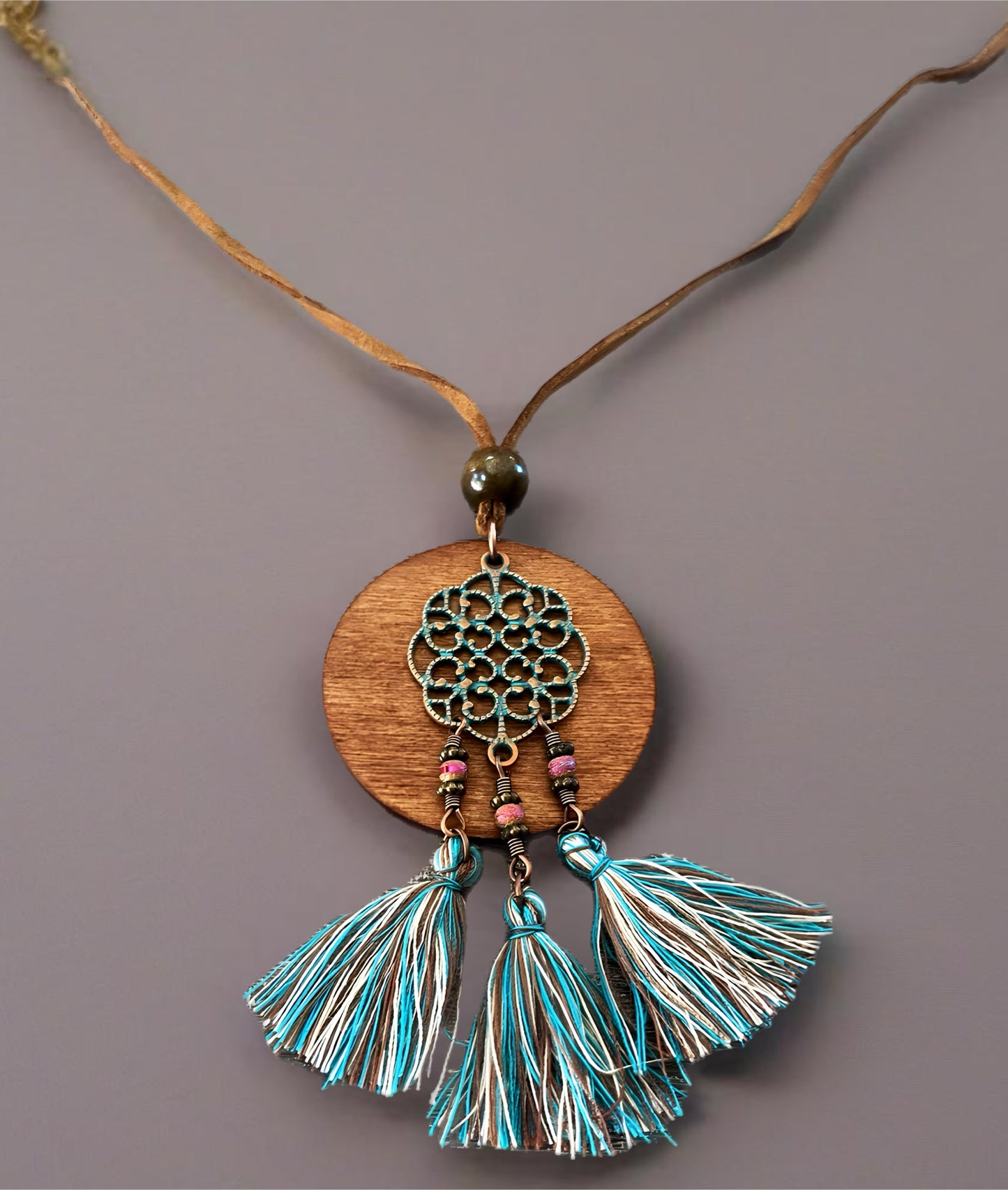 Allure Collection: Brown Wood and Blue Tassel Necklace