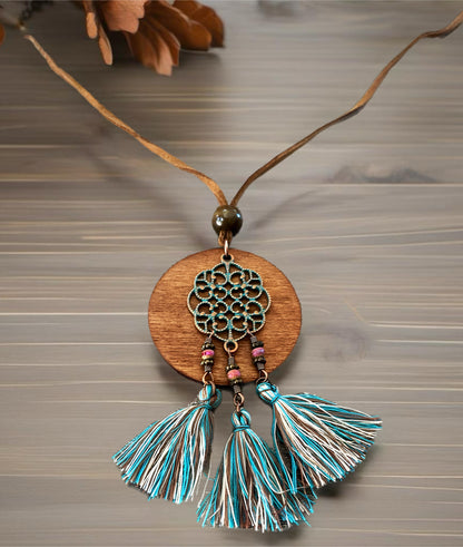 Allure Collection: Brown Wood and Blue Tassel Necklace