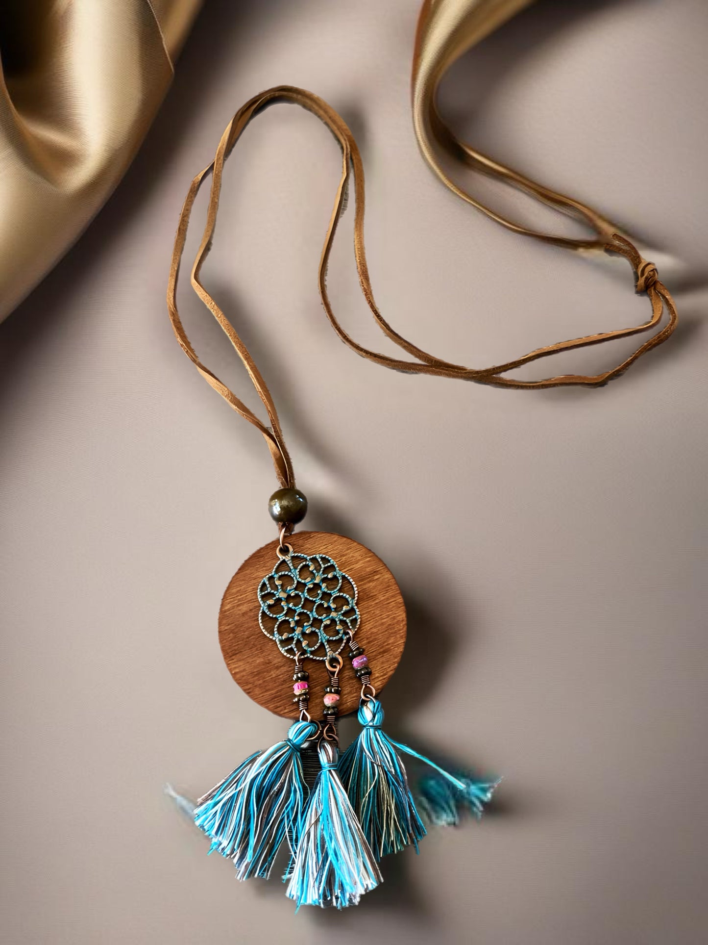 Allure Collection: Brown Wood and Blue Tassel Necklace