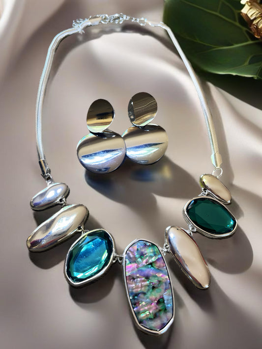 Abalone Shell and Multi-Color Stone Necklace and Earring Set