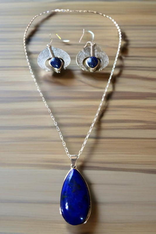 Sterling Silver Chain and Lapis Lazuli Pendant and Earring Set