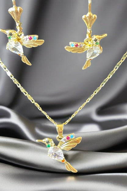 18K Gold Filled Hummingbird Necklace and Earring Set